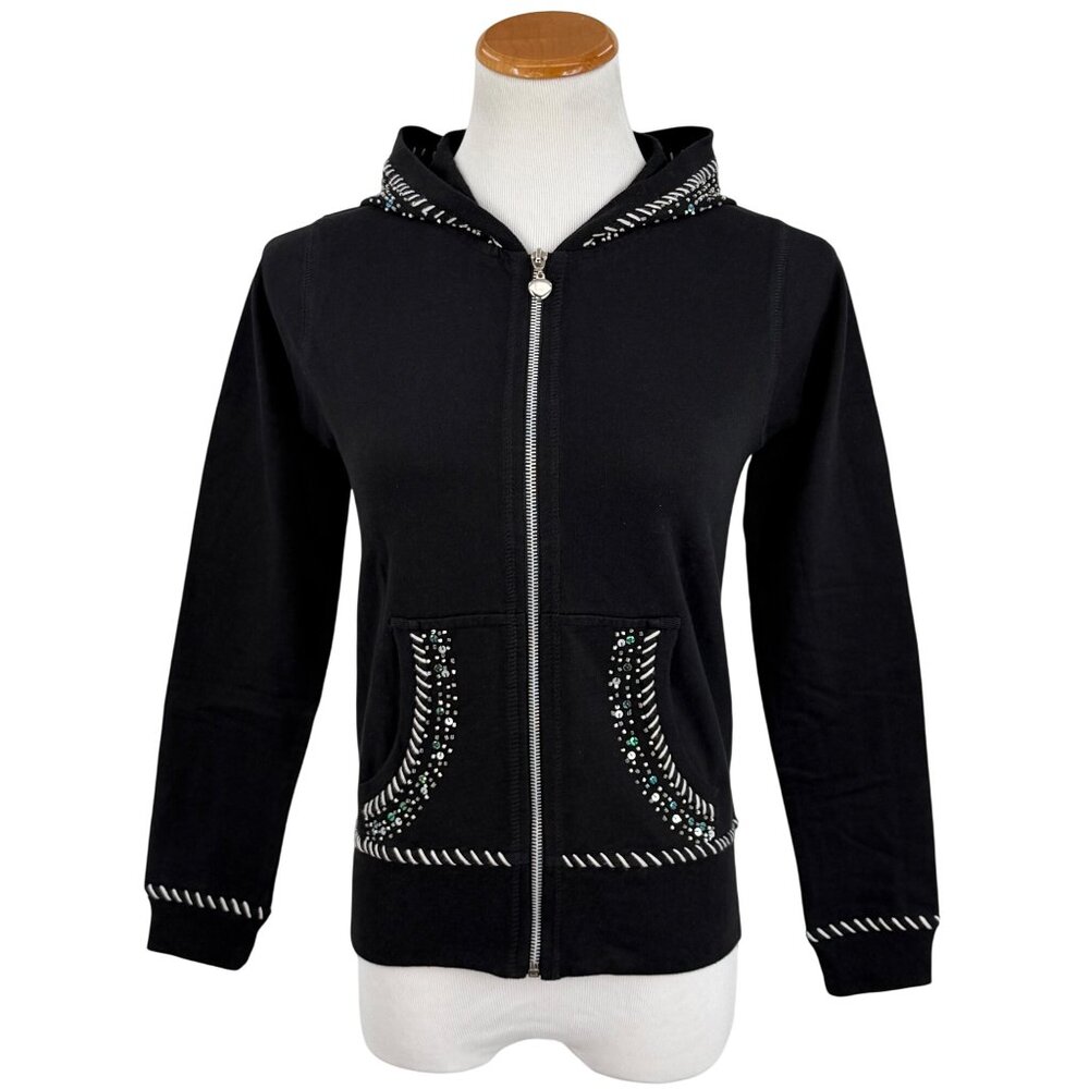 Vtg 90s Black Embroidered Sequin Beaded Zip Up Hoodie | Y2K Skater Grunge Retro - Picture 2 of 16